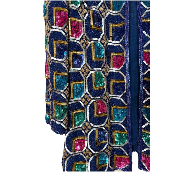 VTG i magnin 100% Silk Sequined Jewel Tone Dress Coat by Judith Ann Creations L - Picture 8 of 16
